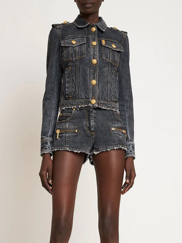 Star Lion Head Button Slim Wash Denim Jacket