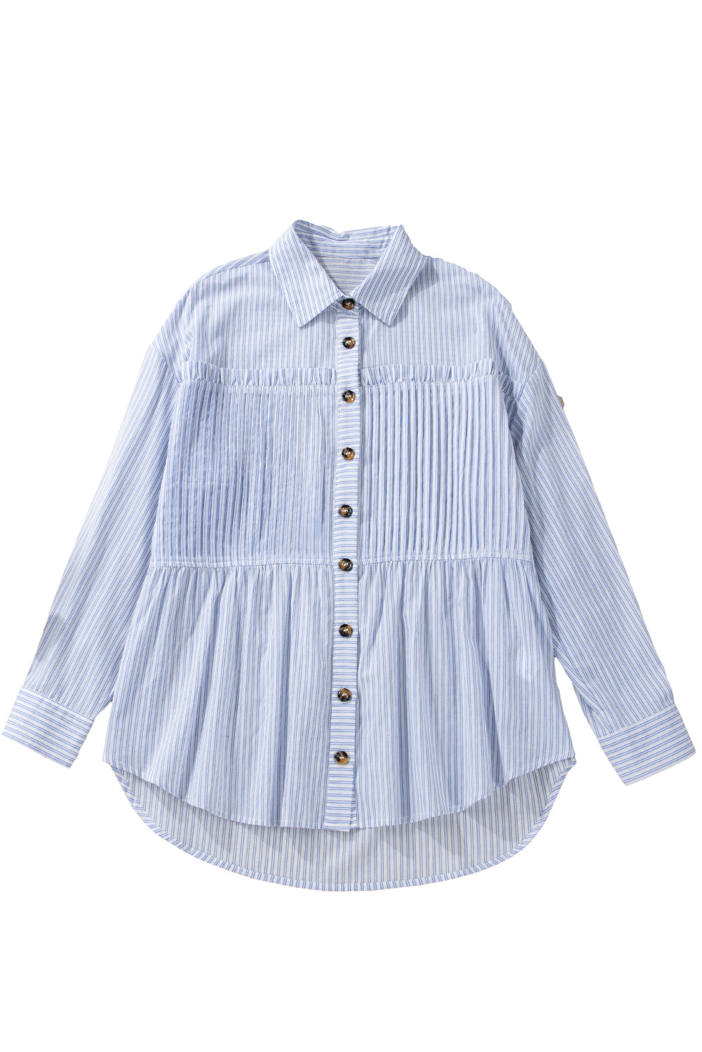 Sky Blue Striped Pleated Long Sleeve Peplum Shirt