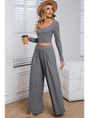 Black Plain Ribbed Crop Top & Wide Leg Pants Two Piece Pants Set