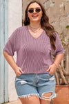Black Twist Corded V-Neck Plain Plus T-Shirt
