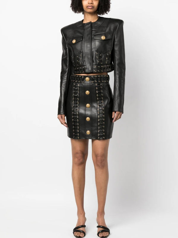 Slim Short Leather Jacket & Skirt Suit