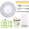 350 Piece Silver Dinnerware Set 50 Guest-100 Silver Lace Plastic Plates-50 Silver Plastic Silverware-50 Silver Plastic Cups-50 Linen Feel Silver Paper Napkins,FOCUSLINE Disposable Dinnerware Set