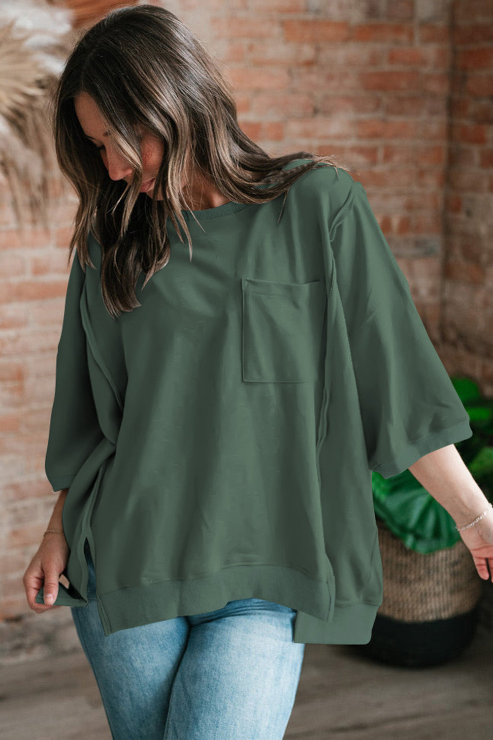 Laurel Green Exposed Seam Pocket Side Split Loose T Shirt