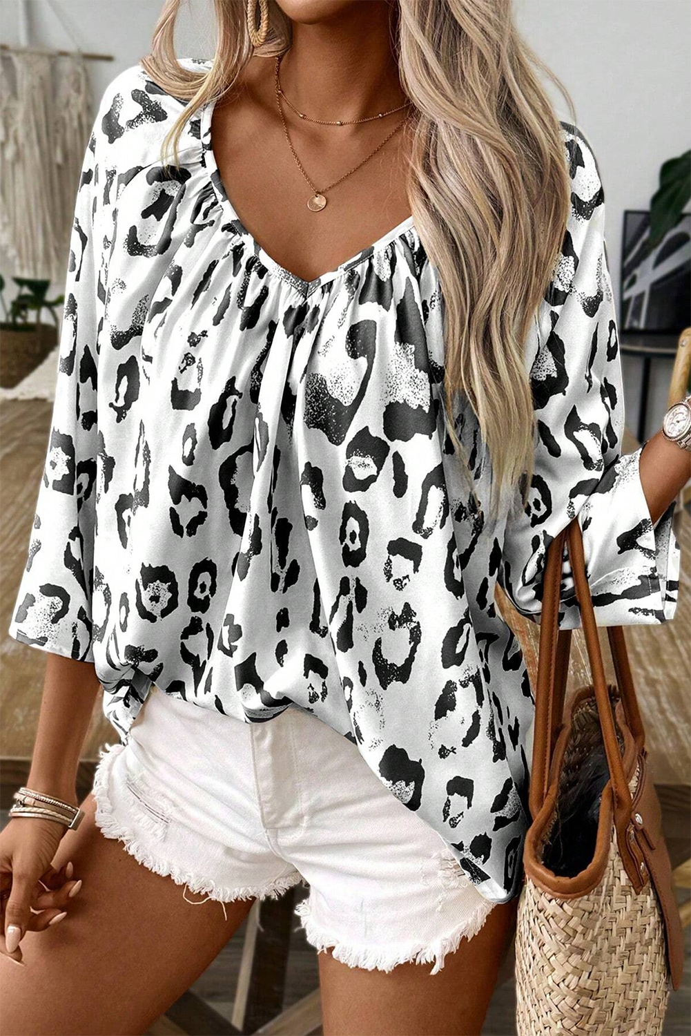 Rose Leopard Print V Neck 3/4 Sleeve Blouse