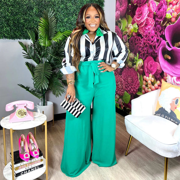 Elegant Stripe Top & Wide Leg Pants Casual Set