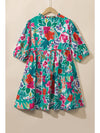 Sky Blue Plus Size Floral Print Puff Sleeve Tie Neck Babydoll Dress