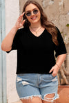 Black Twist Corded V-Neck Plain Plus T-Shirt
