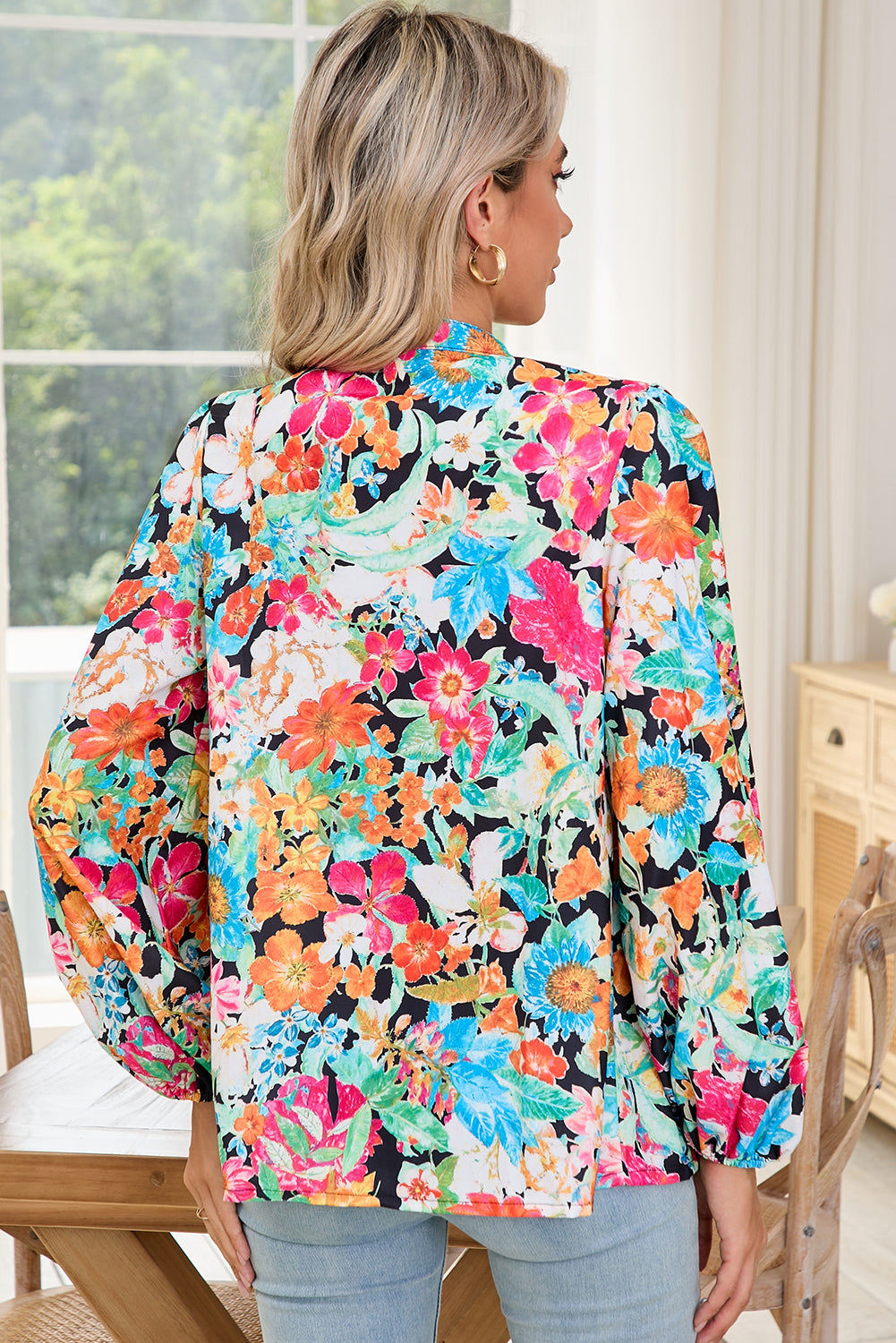 Multicolour Boho Floral V Neck Lantern Sleeve Blouse