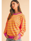 Brown Stripe Round Neck Drop Shoulder Loose Sweater