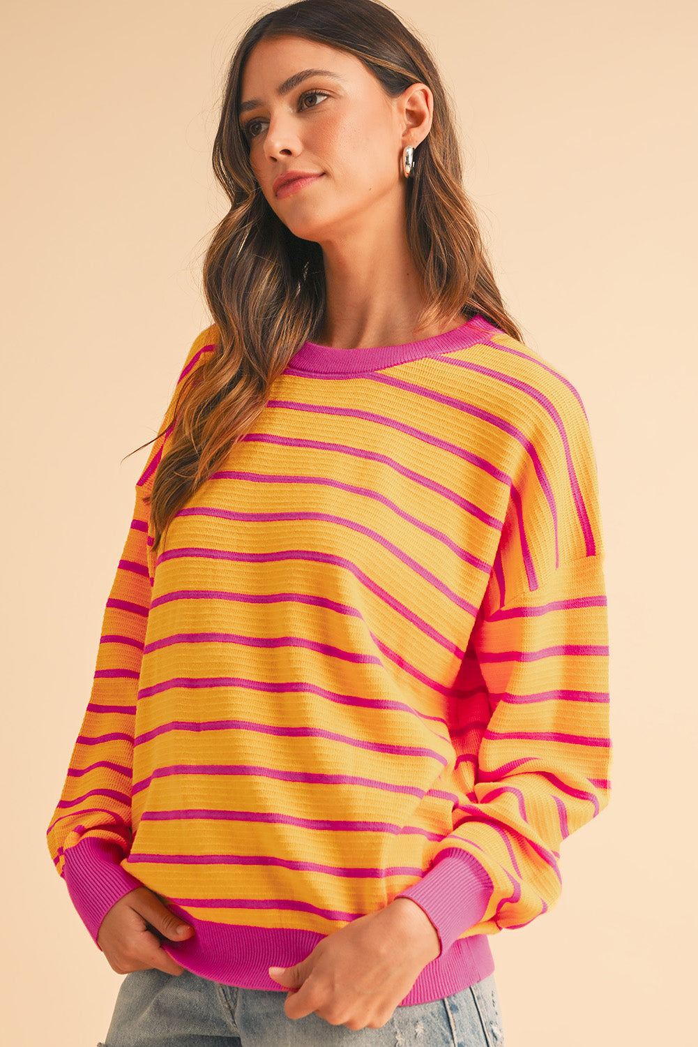 Brown Stripe Round Neck Drop Shoulder Loose Sweater