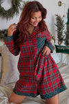 Red Plaid Contrast Color Christmas Holiday Long Sleeve Shirt and Shorts Pajama Set