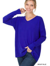 HI-LOW GARMENT DYED V-NECK FRONT SEAM SWEATER