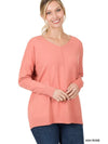 HI-LOW GARMENT DYED V-NECK FRONT SEAM SWEATER