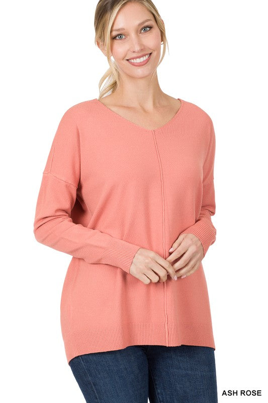 HI-LOW GARMENT DYED V-NECK FRONT SEAM SWEATER