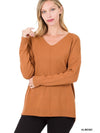 HI-LOW GARMENT DYED V-NECK FRONT SEAM SWEATER