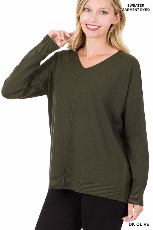 HI-LOW GARMENT DYED V-NECK FRONT SEAM SWEATER