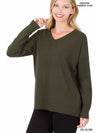 HI-LOW GARMENT DYED V-NECK FRONT SEAM SWEATER