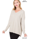 HI-LOW GARMENT DYED V-NECK FRONT SEAM SWEATER