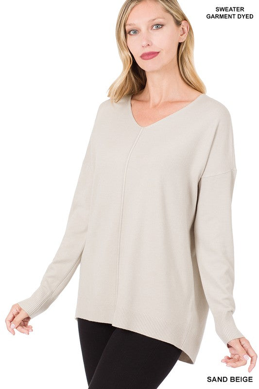 HI-LOW GARMENT DYED V-NECK FRONT SEAM SWEATER