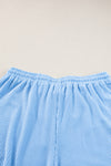 Light Blue Plus Size Ribbed Long Sleeve Top and Drawstring Shorts Set