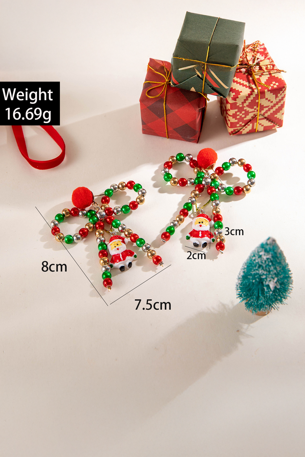 Racing Red Christmas Santa Pendant Beaded Bowknot Stud Earrings