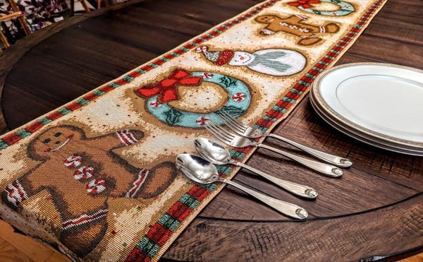 Gingerbread Snowman Holiday Woven Tapestry Dining Table Runner (12917)