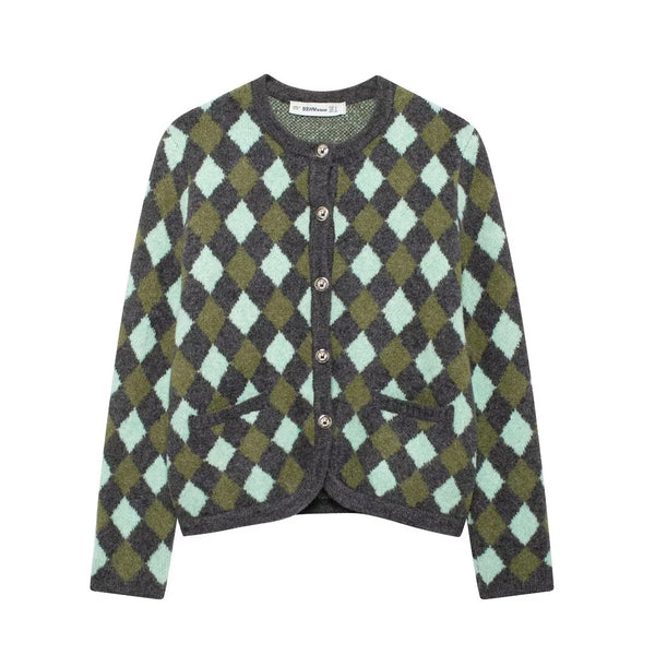 Diamond Jacquard Knitted Cardigan Coat
