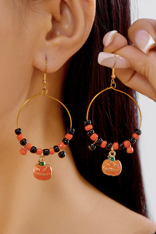 Orange Halloween Pumpkin Pendant Beaded Hoop Earrings
