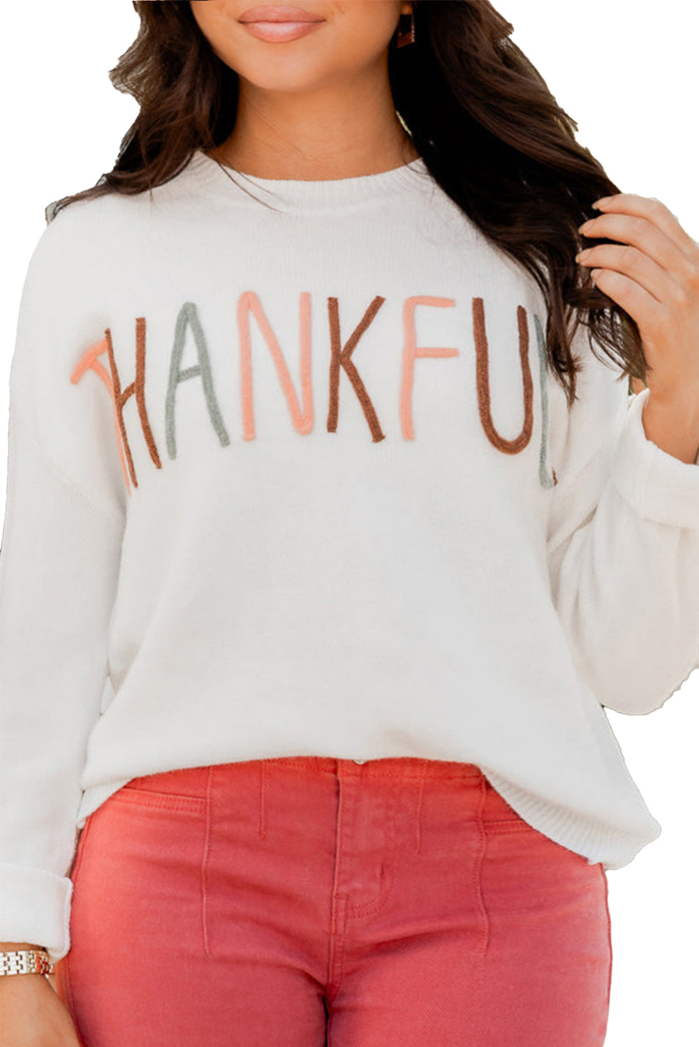 White Thankful Letter Pattern Plus Size Sweater