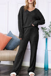 Black Slouchy Ribbed Knit V Neck Top & Pants Loungewear Set