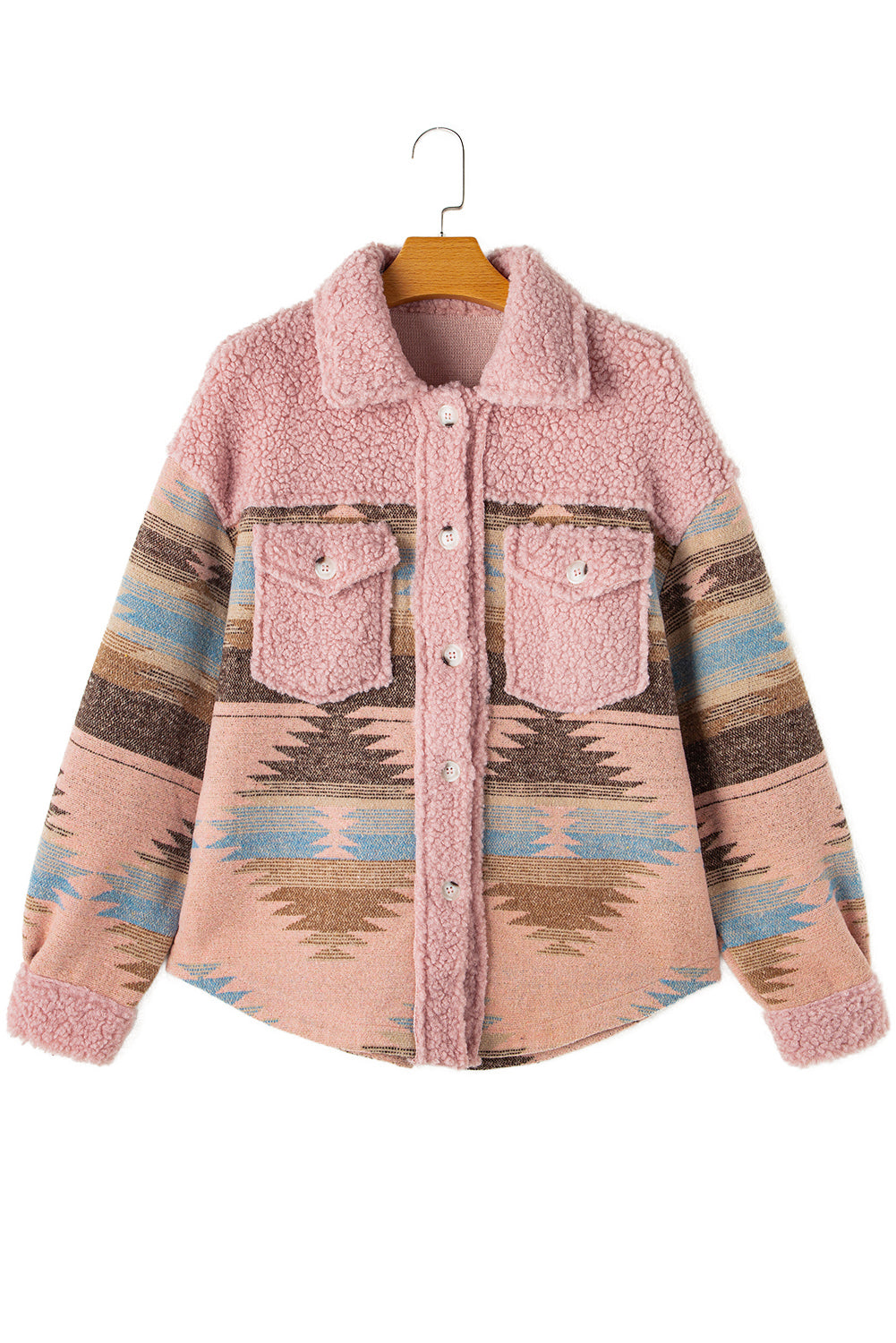 Pink Aztec Print Sherpa Splicing Buttoned Flap Pocket Coat