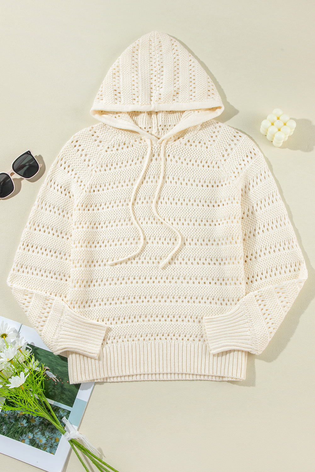 Sweaters Peach Blossom Pointelle Knit Raglan Sleeve Drawstring Hooded Sweater.