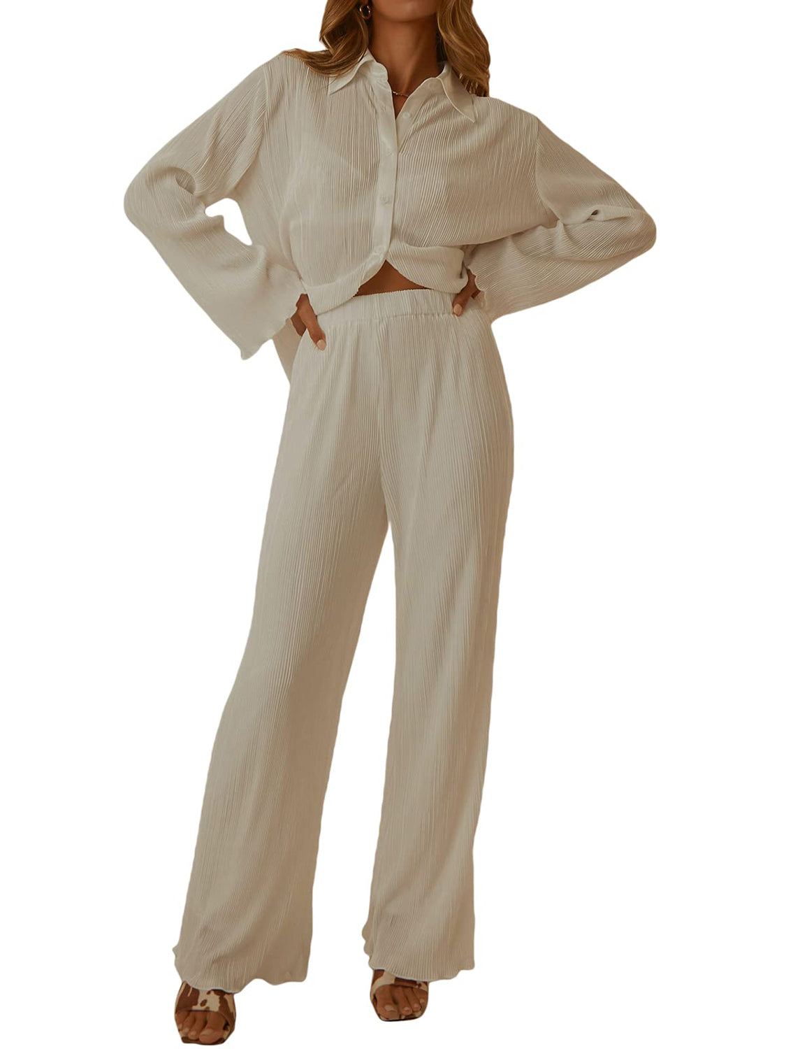  Collared Neck Long Sleeve Top and Pants Lounge Set.