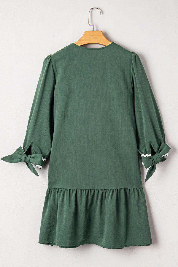 Canton Contrast Ricrac Trim Button V Neck Knotted Bracelet Sleeve Dress