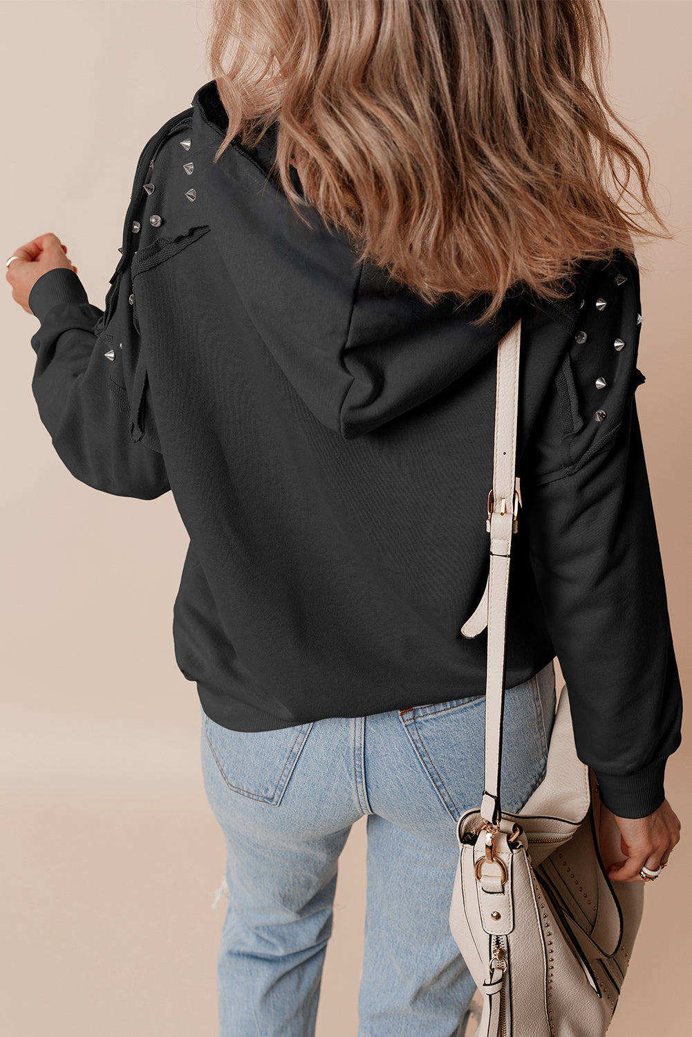 Black Stud Detail Kangaroo Pocket Drawstring Hoodie