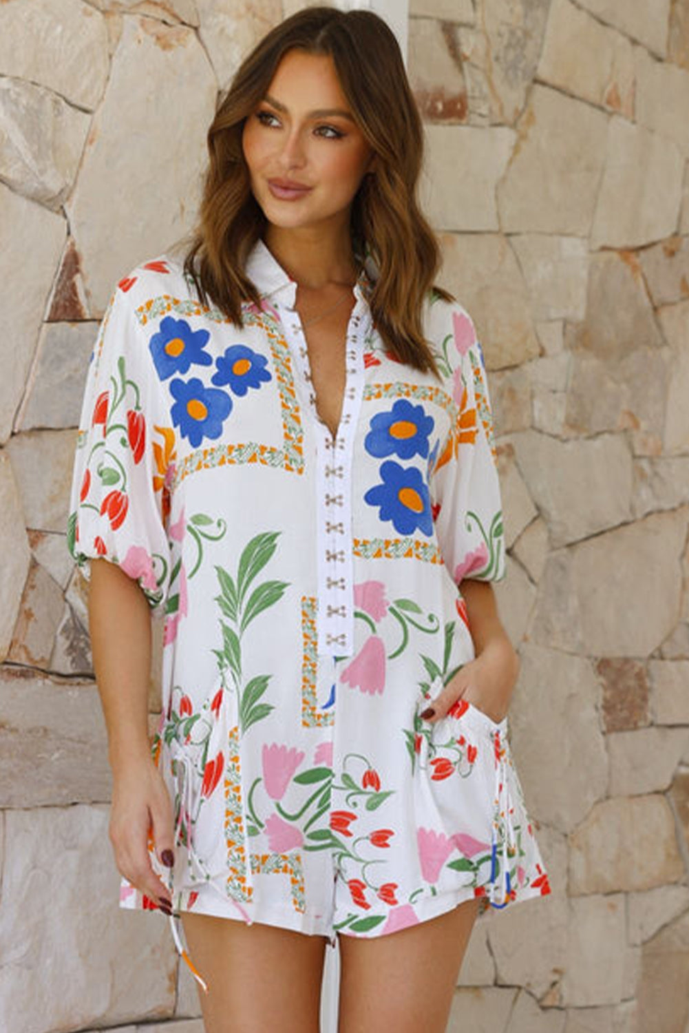 White Floral Print Split Neck Pocketed Shirt Collar Romper