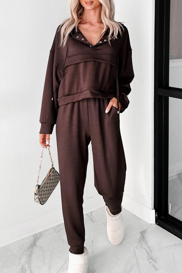 Chicory Coffee Button Drawstring Cropped Hoodie Sweatpants Set