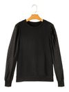 Black Eyelet Embroidered Patchwork Sleeve Ribbed Sweatshirt