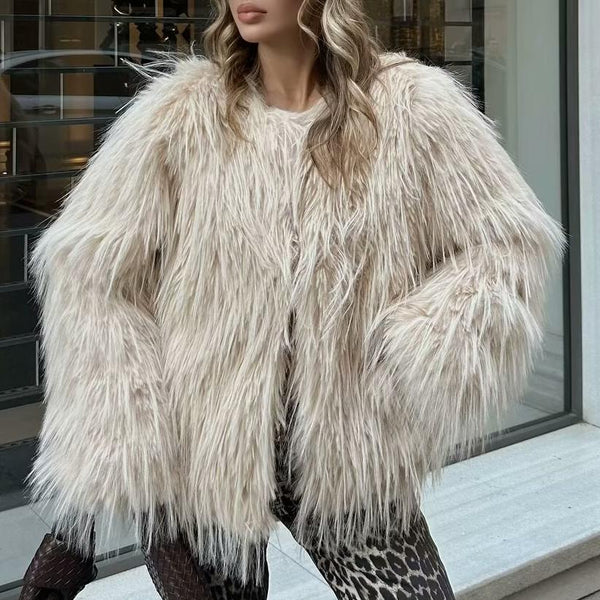 Retro Crew Neck Fur Coat
