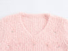 Crystals Faux Fur V Neck Knitted Pullover Sweater