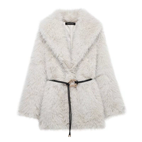 Winter Fur Effect with Belt Mid Length Fur Coat