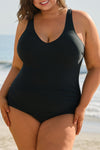 Black Solid Color U Neck Padded Plus Size One Piece Swimsuit