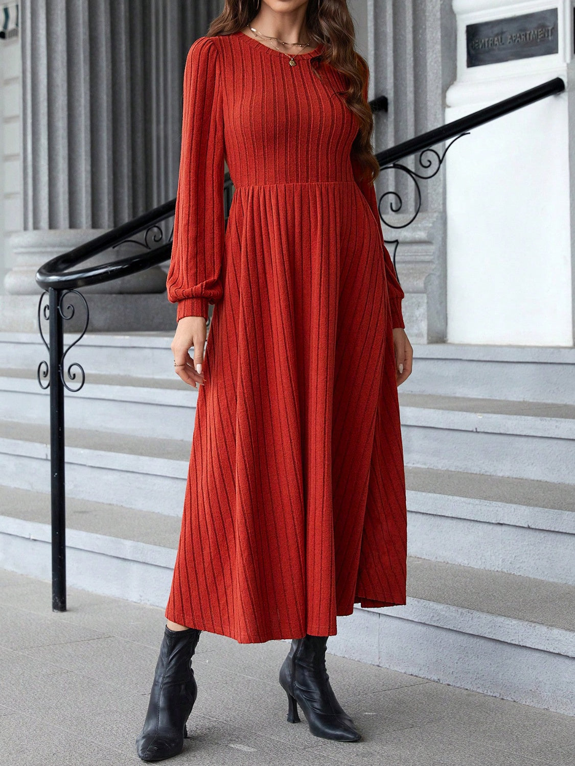 Ribbed Round Neck Long Sleeve Dress