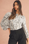 Beige Abstract Print Balloon Sleeve Crew Neck Blouse