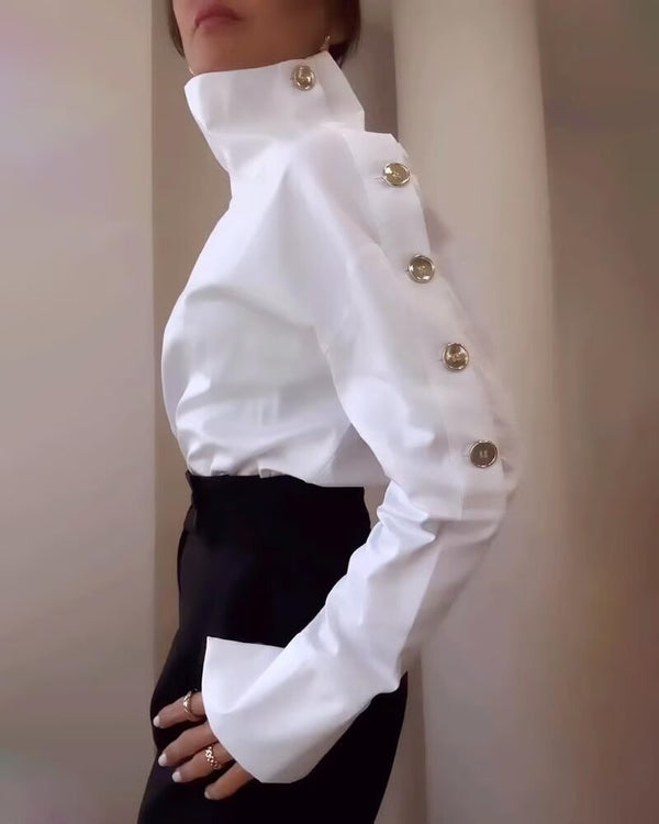 Turtleneck Metal Buckle Off Shoulder Shirt