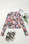 Orange Allover Floral Print Long Sleeve Round Neck Slim Mesh Top