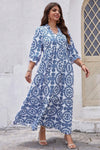 Sky Blue Geometric Print Notch Neck Plus Size Maxi Dress