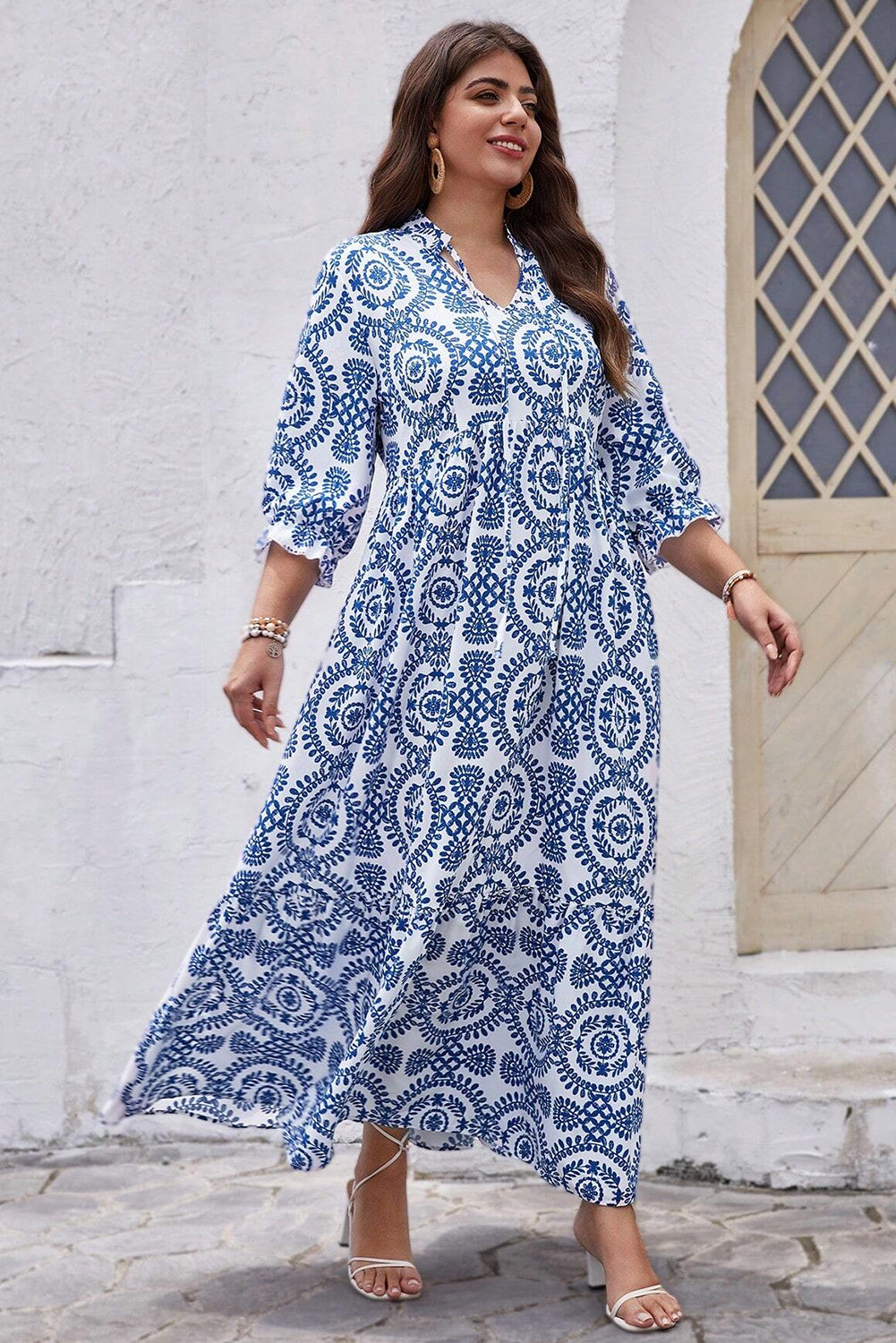 Sky Blue Ethnic Geometric Print Notch Neck Plus Size Maxi Dress