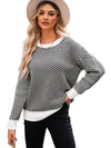 Coffee Stripe Contrast Edge Crew Neck Drop Shoulder Sweater