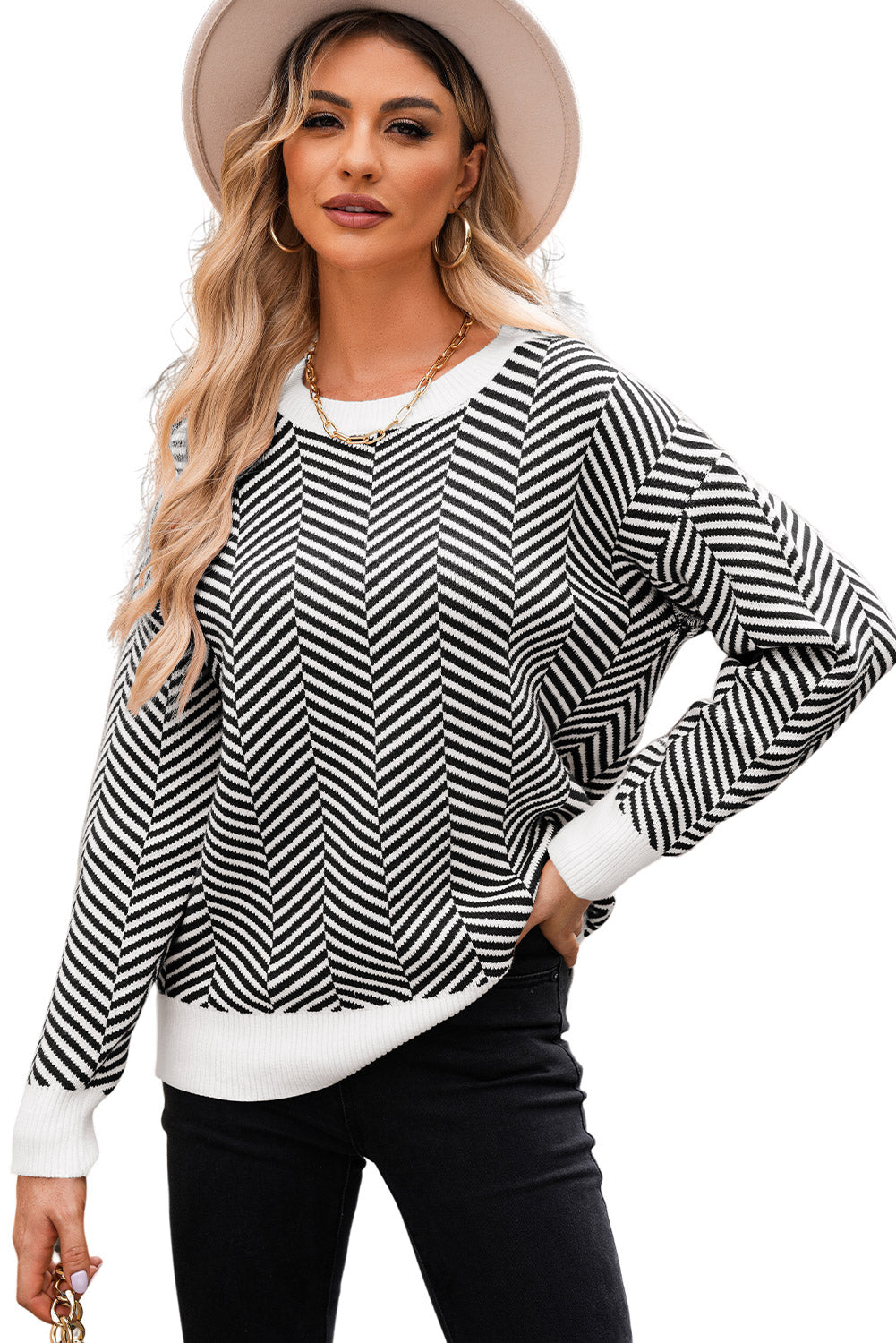 Coffee Stripe Contrast Edge Crew Neck Drop Shoulder Sweater